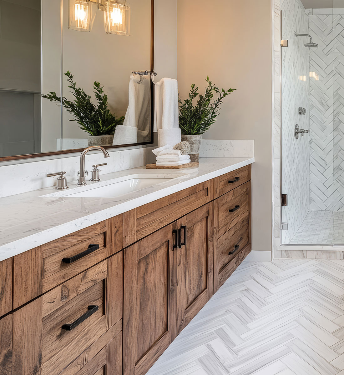 bathrrom with wood cabinets walk-in shower