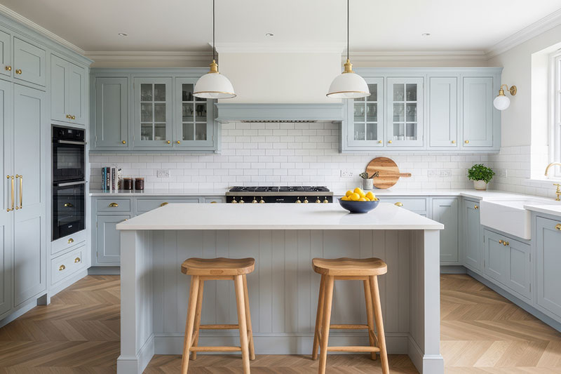 light blue shaker kitchen with island
