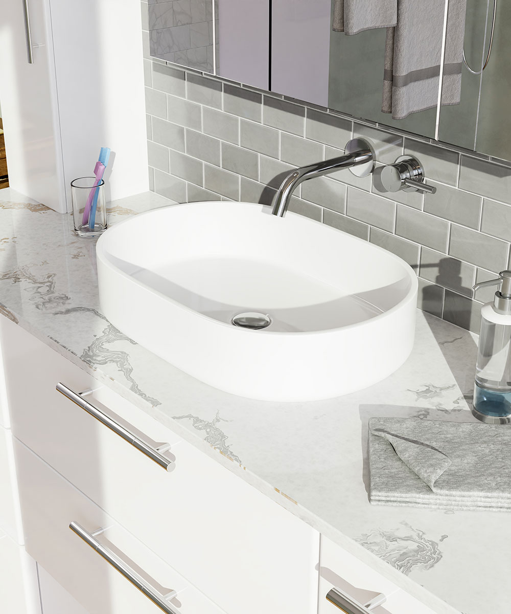 vanities with glass tiles and quartz counter