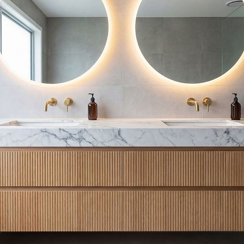 white marble top and fluted wooden cabinetry