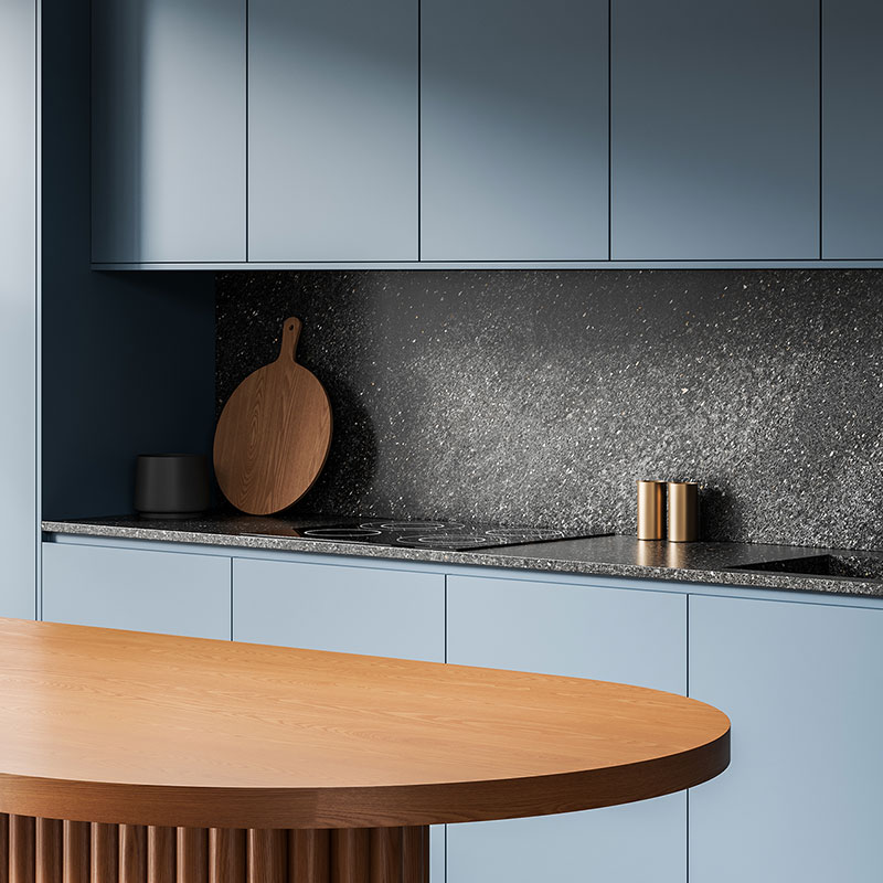 wooden island, and textured stone backsplash