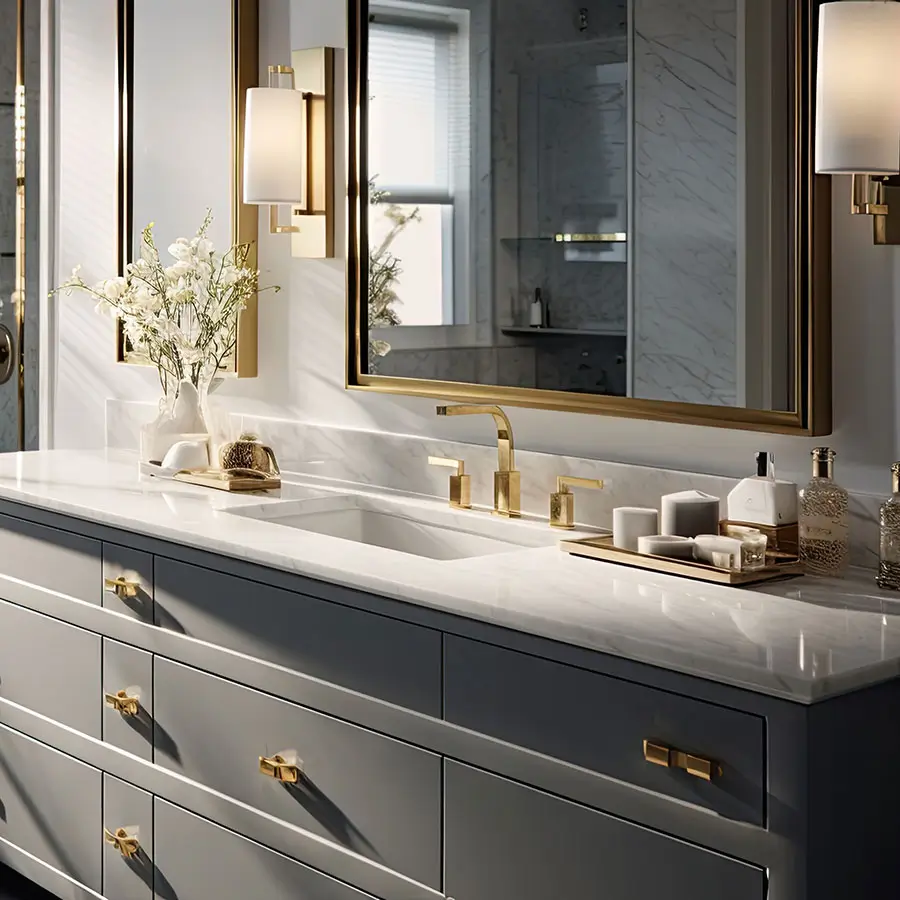 Kozak Surfaces Kelowna grey vanity white marble counter in bathroom